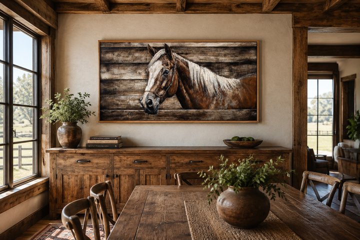 Rustic farm horse painting on wood-textured canvas wall art in a farmhouse dining room.