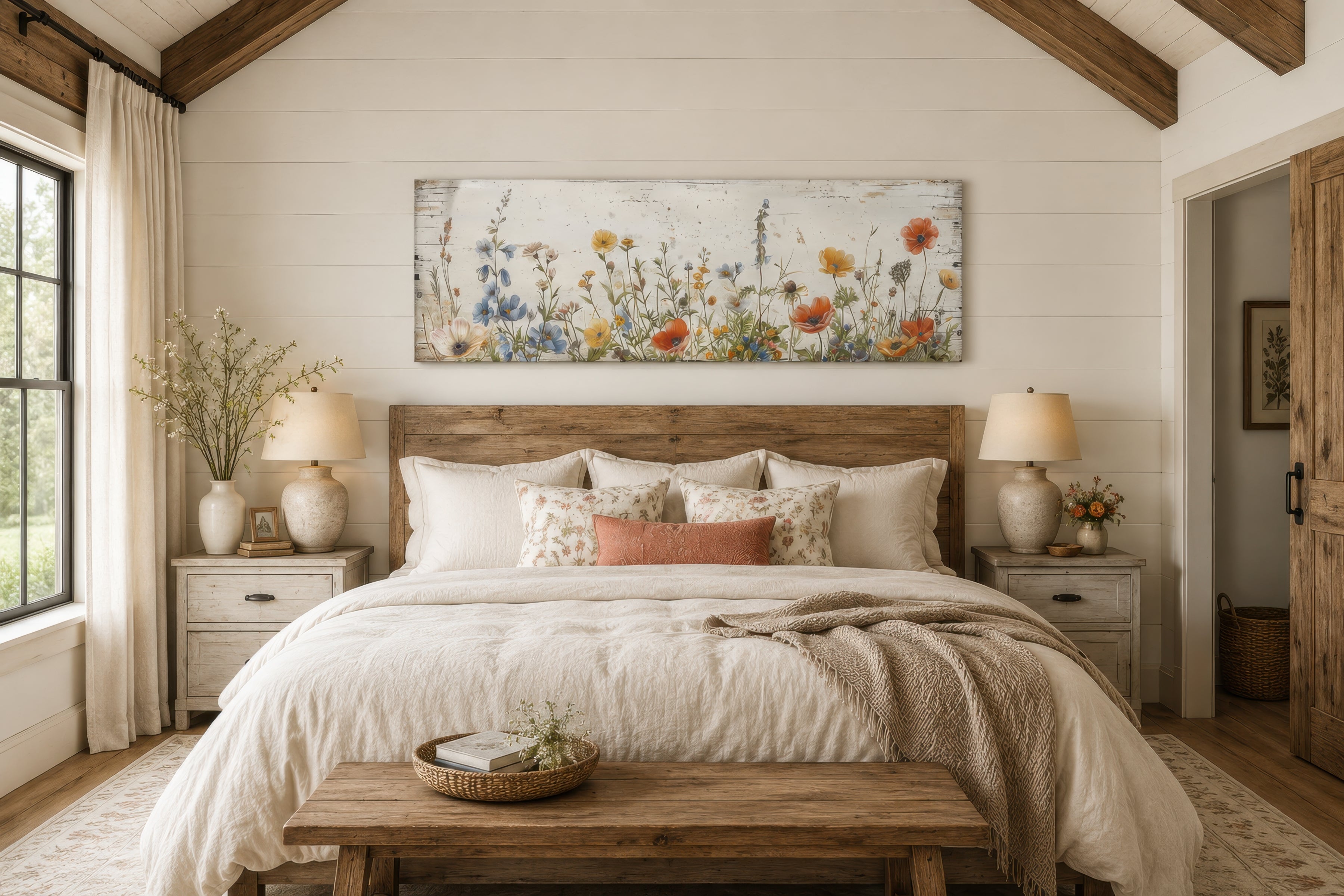 Rustic Wildflowers Field Wall Art for Bedroom | Farmhouse Decor