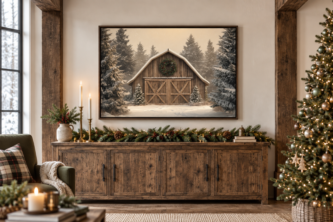 Rustic barn Christmas canvas wall art framed above a wooden sideboard with festive holiday decor.