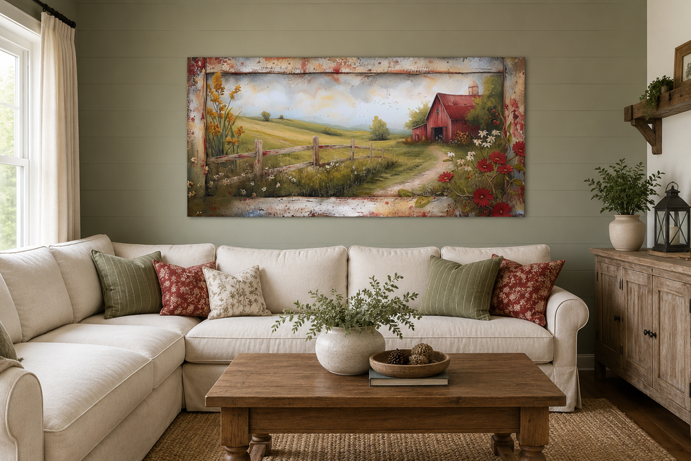 Rustic red barn canvas wall art in a farmhouse living room above a cream sectional sofa.