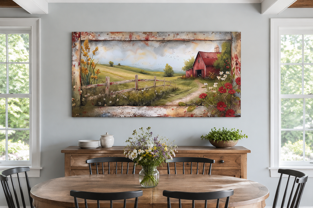 Rustic old red barn canvas wall art in a farmhouse dining room above a wooden sideboard.