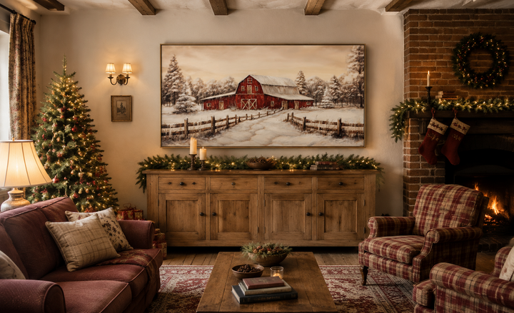 Red barn in snow winter framed canvas wall art displayed above a Christmas mantel in a cozy room.