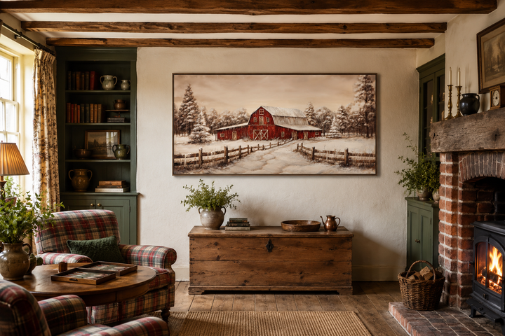 Framed canvas wall art of a red barn in a snowy winter landscape above a rustic wooden chest.