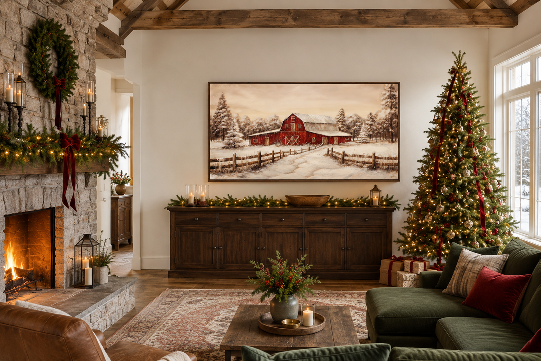 Framed canvas wall art of a red barn in a snowy winter landscape above a Christmas mantel.