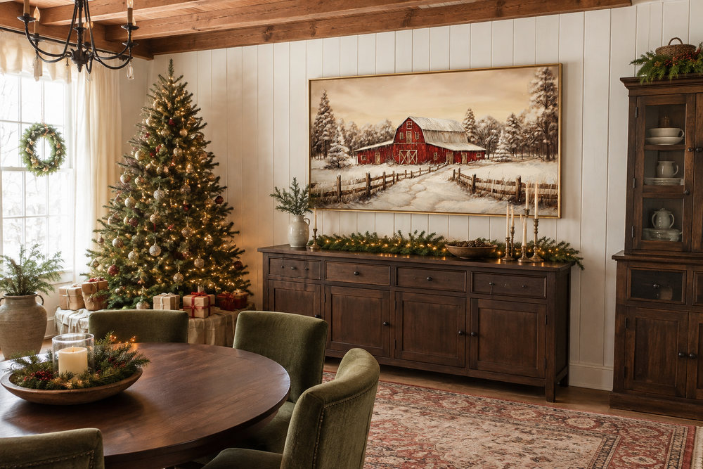 Framed canvas wall art of a red barn in a snowy winter landscape above a Christmas mantel.