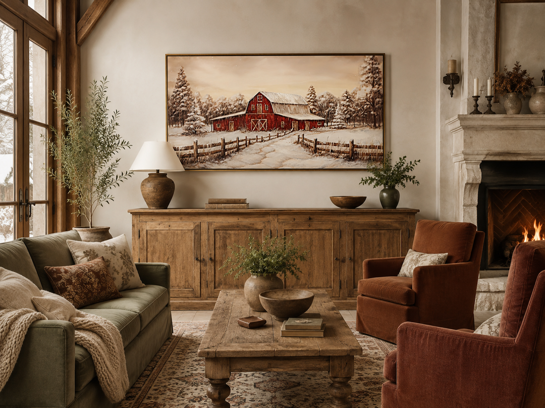Framed canvas wall art of a red barn in a snowy winter landscape above a wooden sideboard.