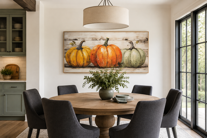 Rustic farmhouse framed canvas wall art featuring three pumpkins in a dining room setting.