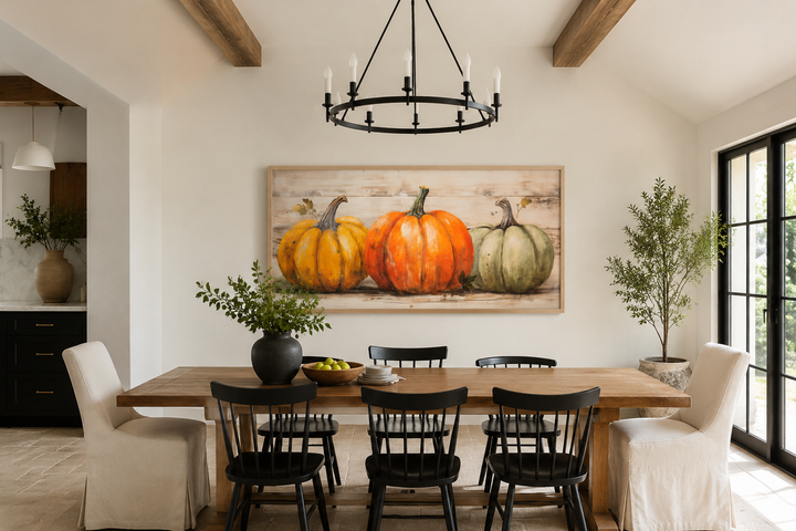Rustic framed canvas wall art featuring three pumpkins in orange, green, and yellow tones.