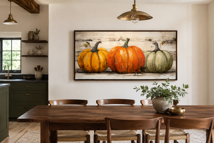 Framed canvas wall art of three pumpkins in orange, green, and beige over a wooden dining table.