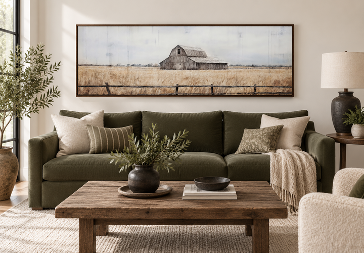 Rustic old barn painting on long narrow framed canvas wall art above a green sofa in a living room.