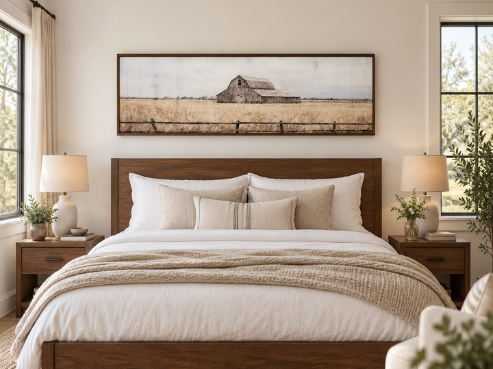 Rustic old barn painting on long narrow framed canvas wall art hanging above a bed in a bedroom.