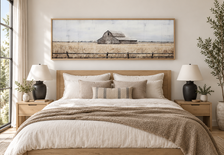 Rustic old barn painting on a long narrow framed canvas wall art hanging above a bed.