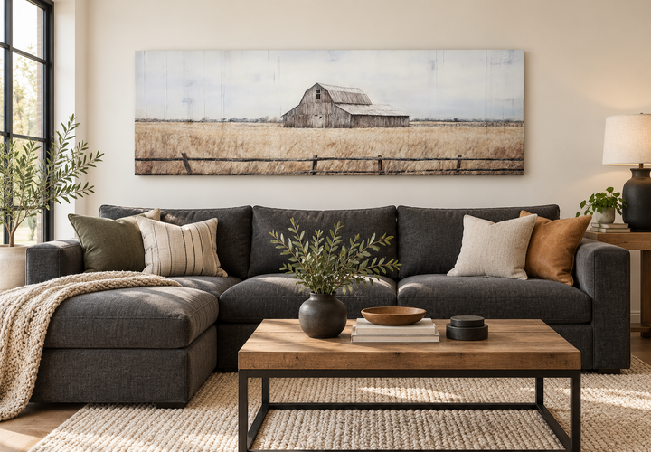 Rustic old barn painting on long narrow framed canvas wall art above a dark grey sectional sofa.
