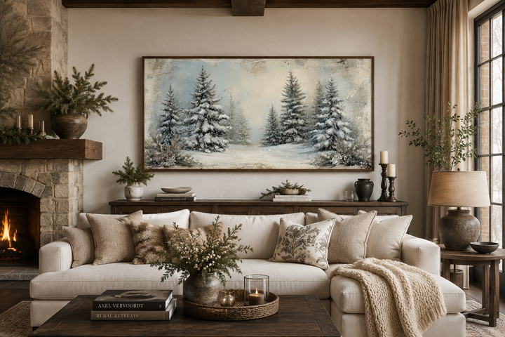 Framed canvas wall art of a snowy fir tree forest in a rustic living room setting.