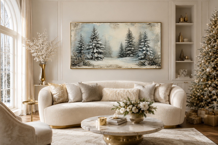 Framed canvas wall art of a snowy fir tree forest hanging above a white sofa in a living room.