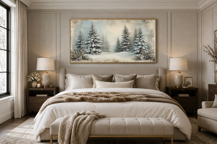 Framed canvas wall art of a snowy fir tree forest hanging above a bed in a neutral bedroom.