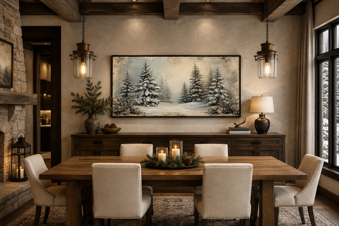 Framed canvas wall art of a snowy fir tree forest hanging in a rustic dining room.