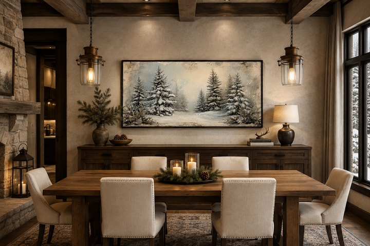 Framed canvas wall art of a snowy fir tree forest hanging in a rustic dining room.