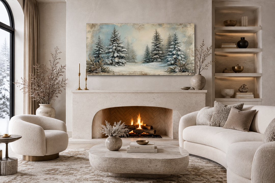 Fir tree forest in winter framed canvas wall art hanging above a fireplace in a cozy living room.