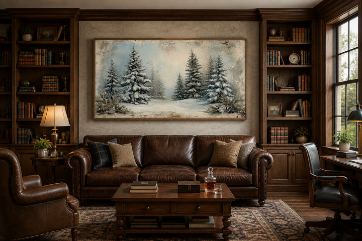 Framed canvas wall art of a snowy fir tree forest hanging above a brown leather sofa in a library.