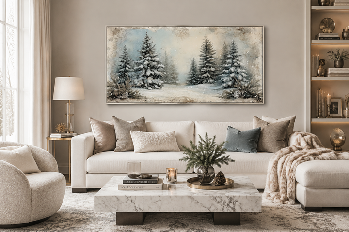 Framed canvas wall art of a snowy fir tree forest hanging above a white sofa in a cozy living room.