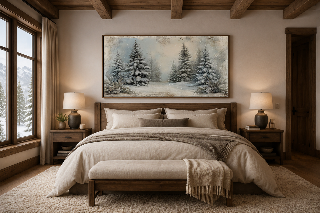 Framed canvas wall art of a snowy fir tree forest hanging above a bed in a rustic bedroom.