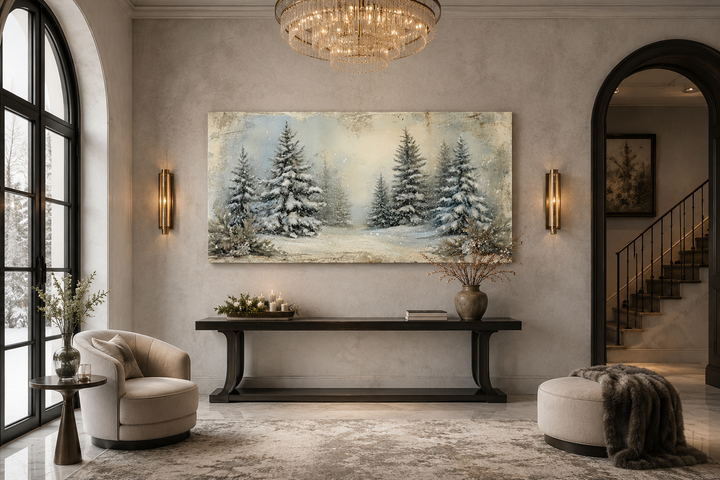Framed canvas wall art of a snowy fir tree forest in a rustic, winter landscape above a console.