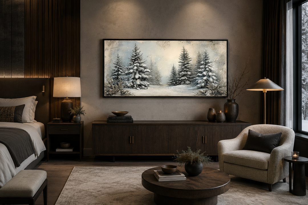 Framed canvas wall art of a snowy fir tree forest in a rustic, modern bedroom setting.