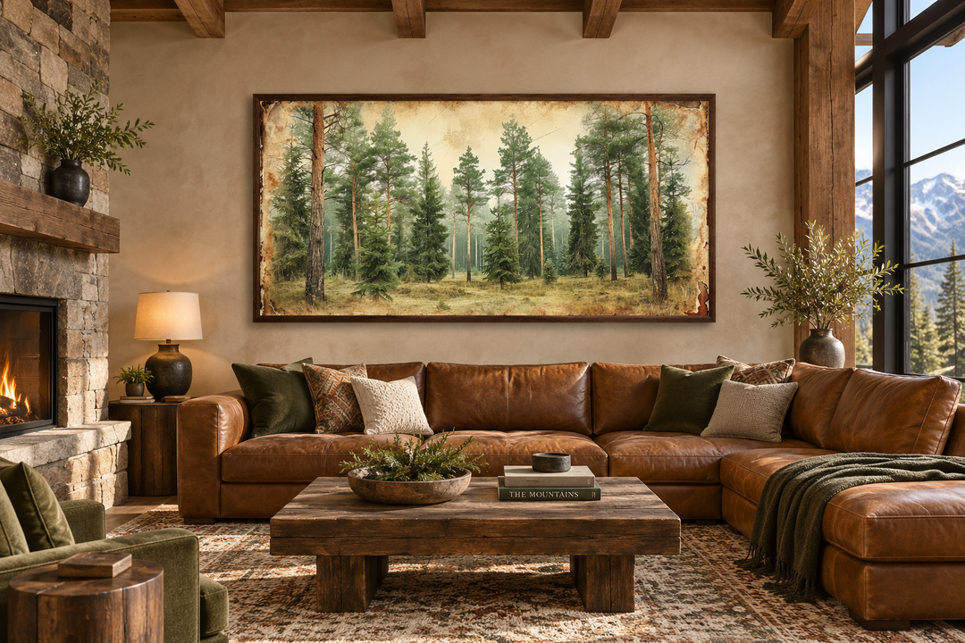 Framed canvas print of a rustic fir tree forest hanging above a brown leather sectional sofa.