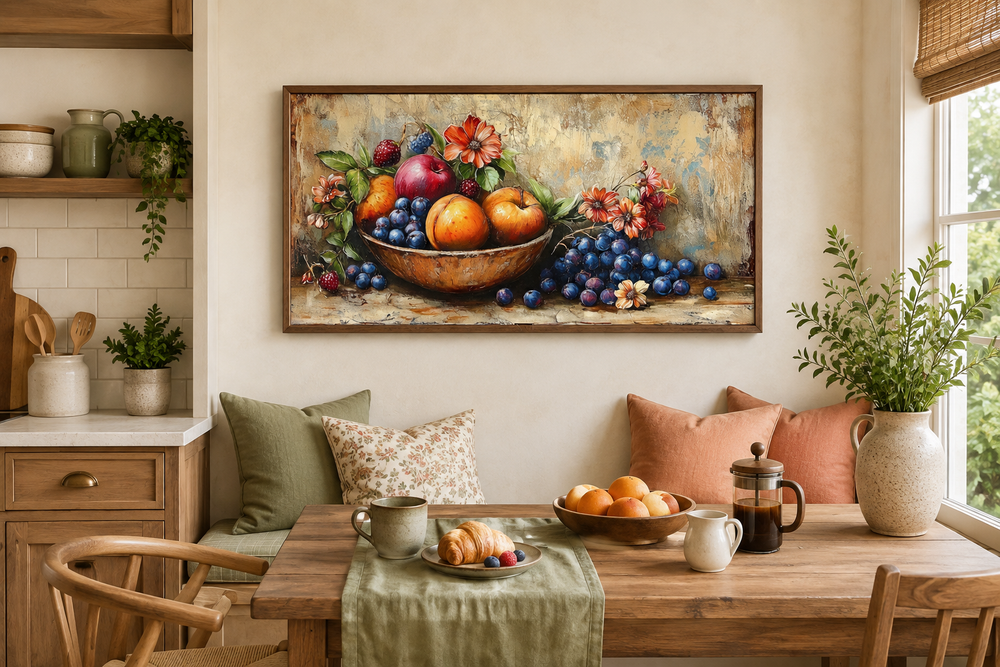 Vintage still life fruit bowl framed canvas wall art hanging in a rustic farmhouse kitchen.