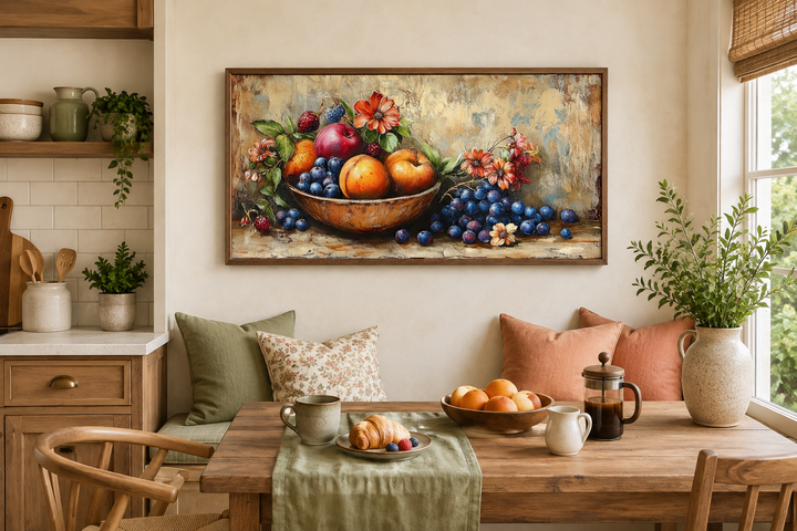 Vintage still life fruit bowl framed canvas wall art hanging in a rustic farmhouse kitchen.