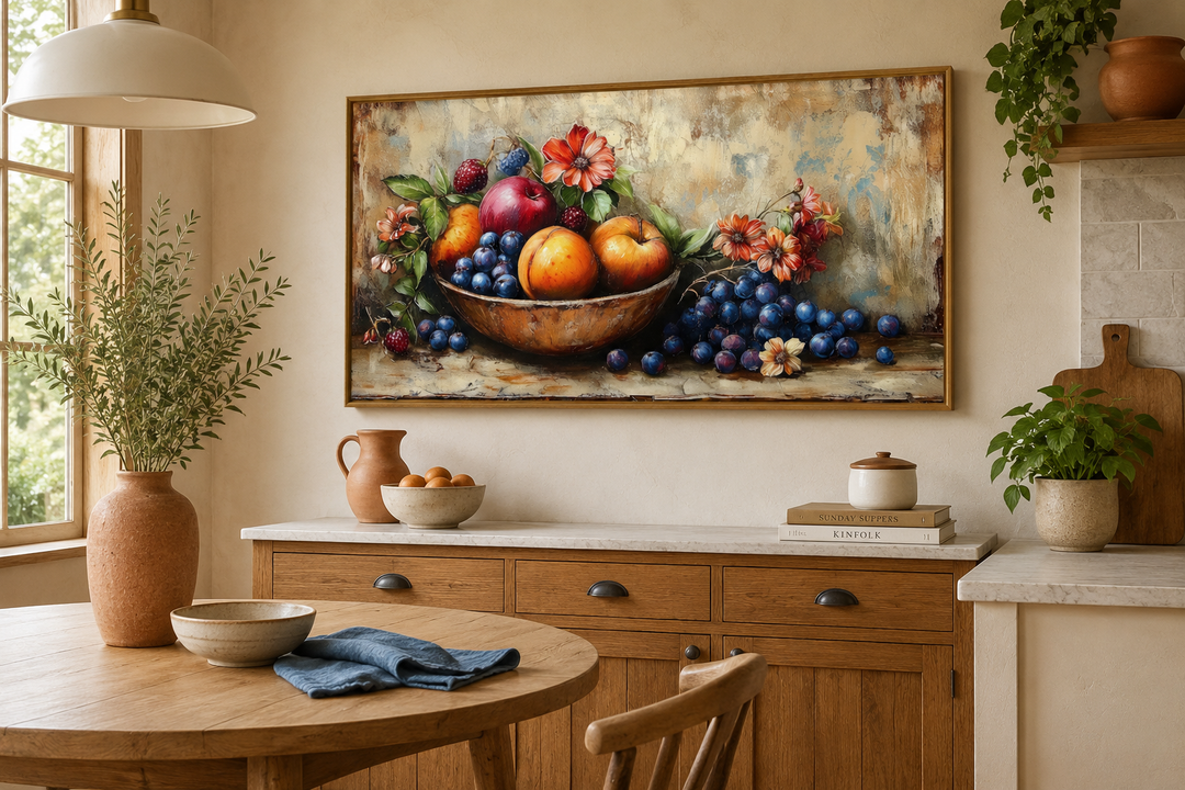 Vintage still life fruit bowl framed canvas wall art hanging in a rustic farmhouse kitchen.