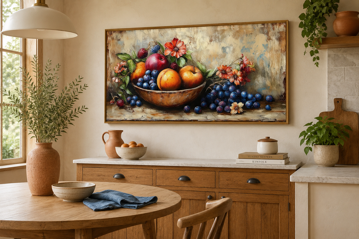 Vintage still life fruit bowl framed canvas wall art hanging in a rustic farmhouse kitchen.
