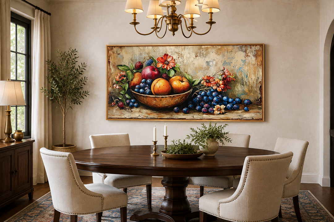 Vintage still life fruit bowl framed canvas wall art hanging above a round wooden dining table.