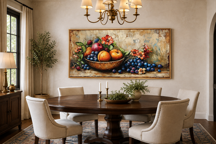 Vintage still life fruit bowl framed canvas wall art hanging above a round wooden dining table.