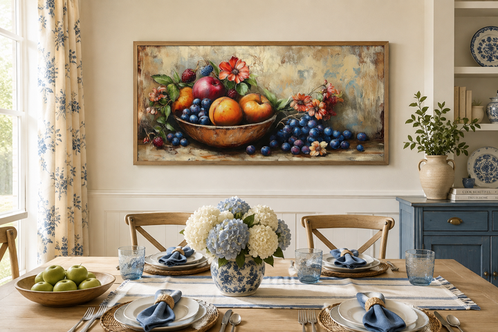 Vintage still life fruit bowl framed canvas wall art hanging above a set dining table.