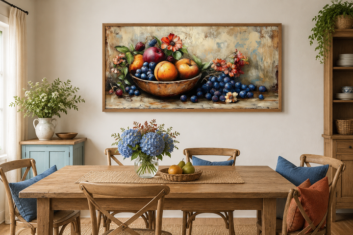 Vintage still life fruit bowl framed canvas wall art hanging above a wooden dining table.