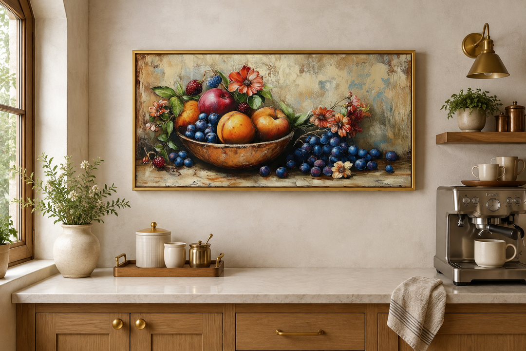 Vintage still life fruit bowl framed canvas wall art hanging in a farmhouse kitchen.