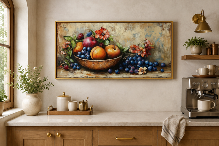 Vintage still life fruit bowl framed canvas wall art hanging in a farmhouse kitchen.