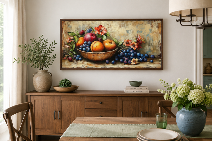 Vintage still life fruit bowl framed canvas wall art above a wooden sideboard in a dining room.
