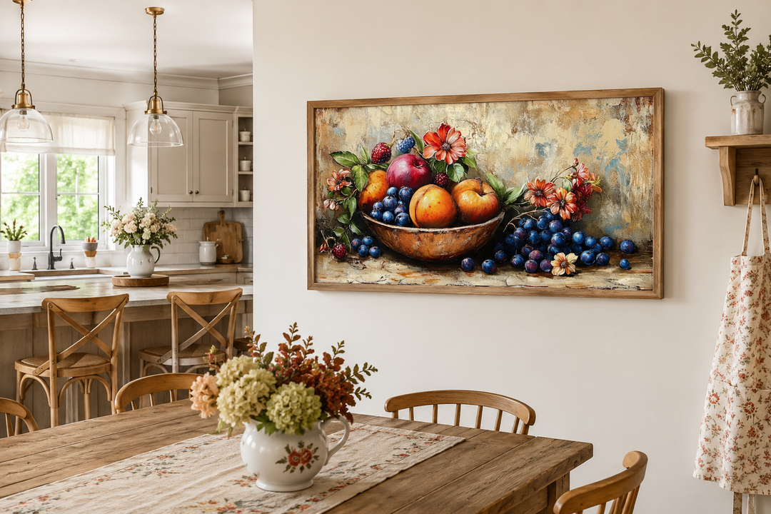 Vintage still life fruit bowl framed canvas wall art hanging in a rustic farmhouse dining room.