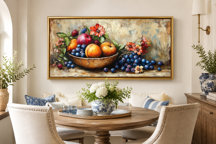 Vintage still life fruit bowl framed canvas wall art hanging above a dining table in a home.