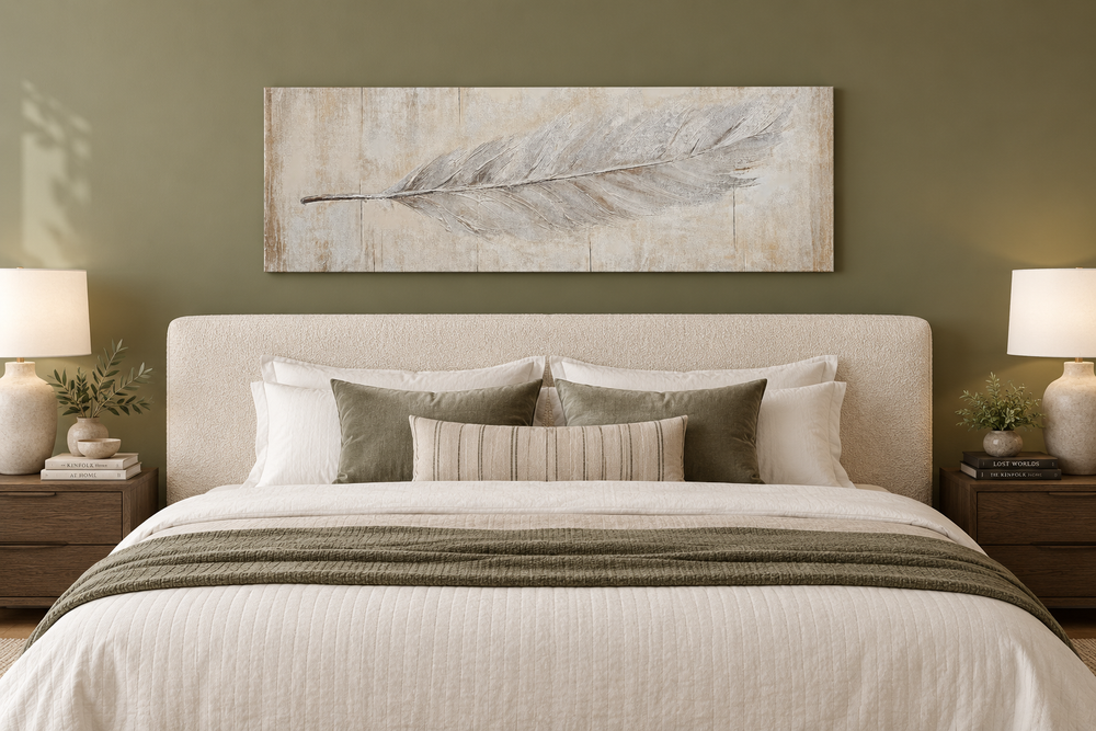 A long horizontal canvas print of a white feather on distressed wood hanging above a bed.