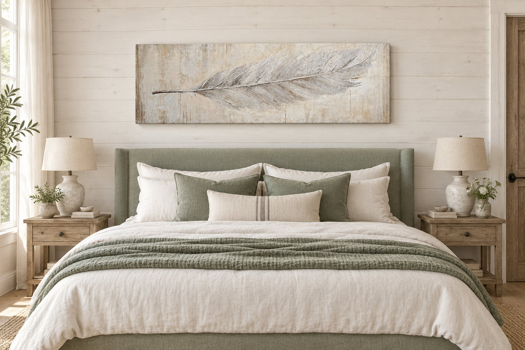 White feather painting on distressed wood canvas print hanging above a bed in a rustic bedroom.