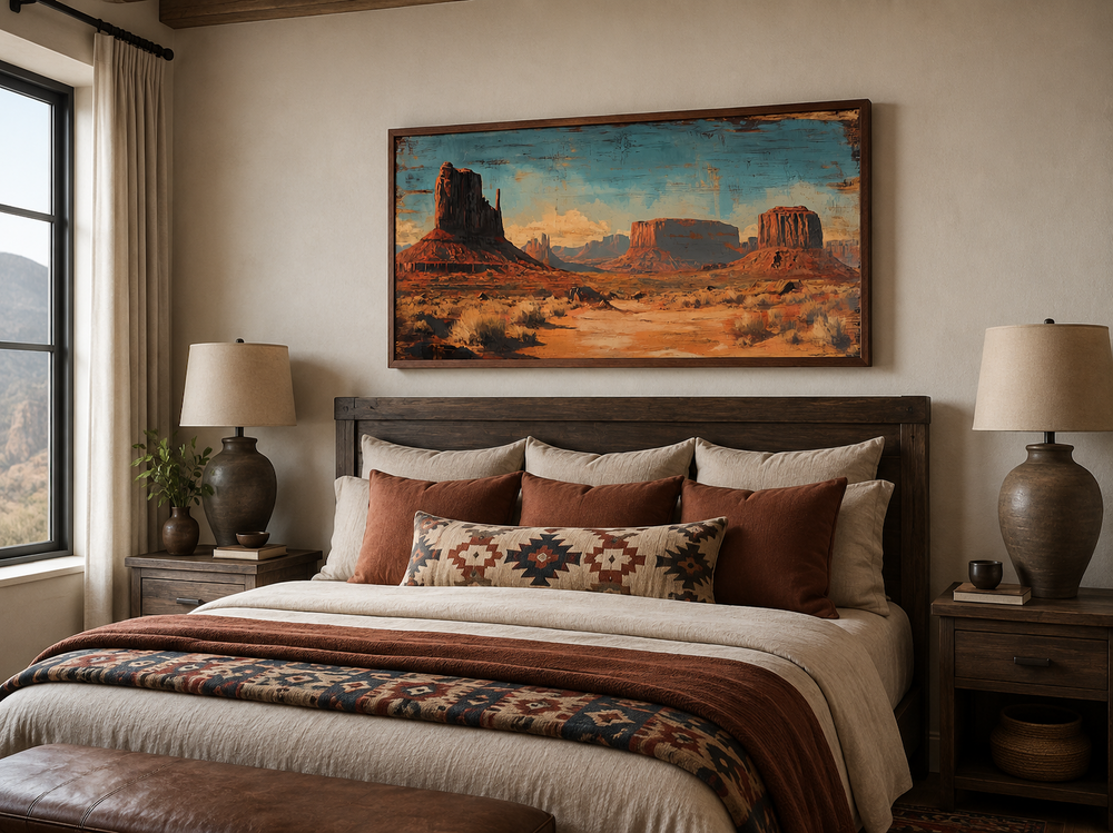 Rustic Monument Valley framed canvas wall art hanging above a bed in a southwestern style bedroom.