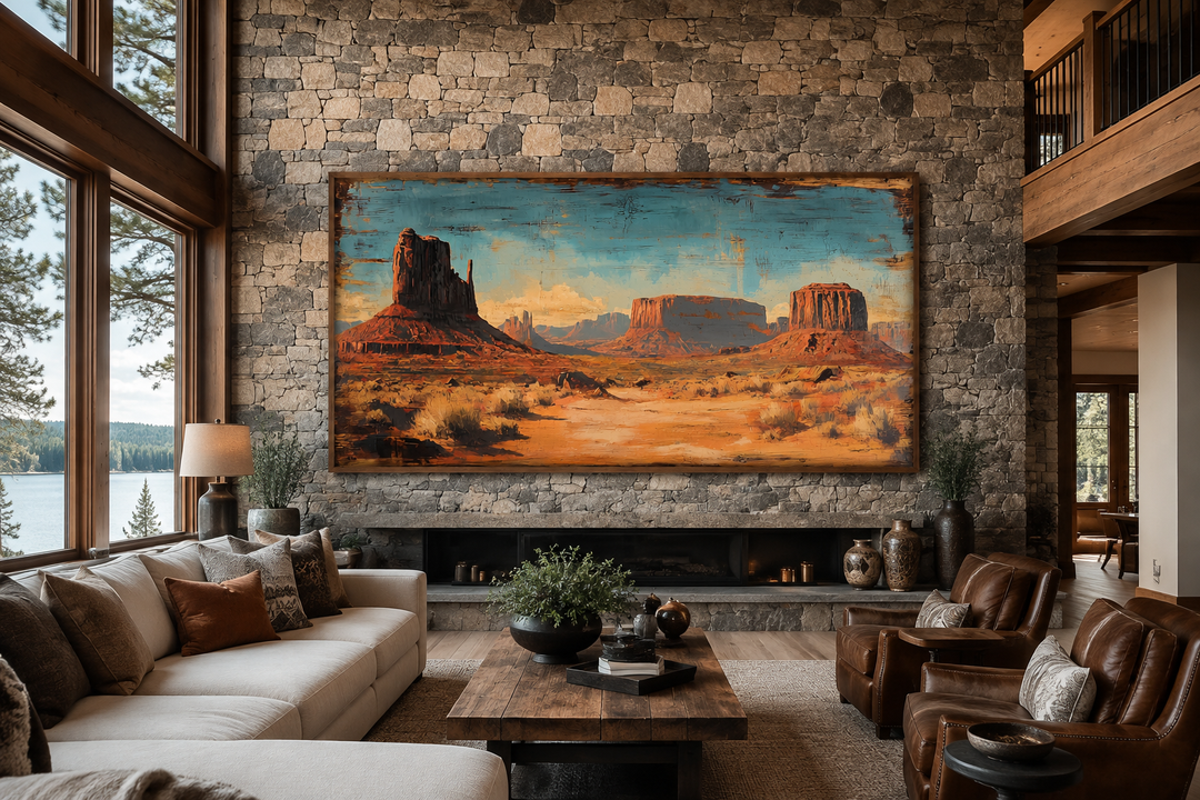 Rustic Monument Valley framed canvas wall art above a fireplace in a stone-walled living room.
