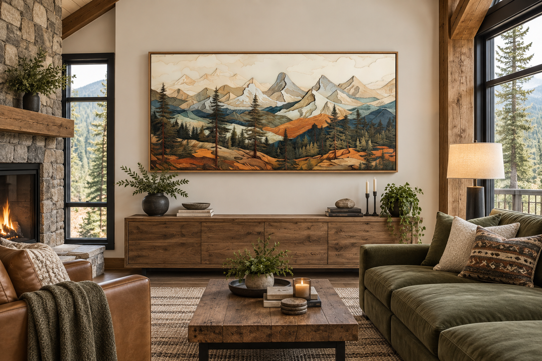 Rustic mountain wall art with layered wood panel effect above a wooden console in a cabin living room