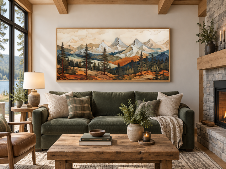 Rustic mountain layered wood panel wall art hanging above a green sofa in a cozy cabin living room.