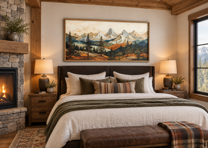 Rustic mountain layered wood panel painting above a bed in a cozy cabin bedroom.