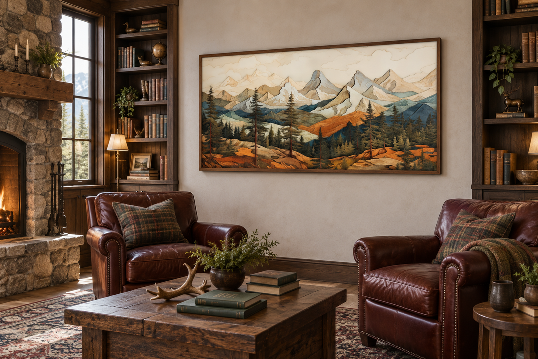 Rustic mountain layered wood panel wall art in a cozy cabin living room with leather armchairs.